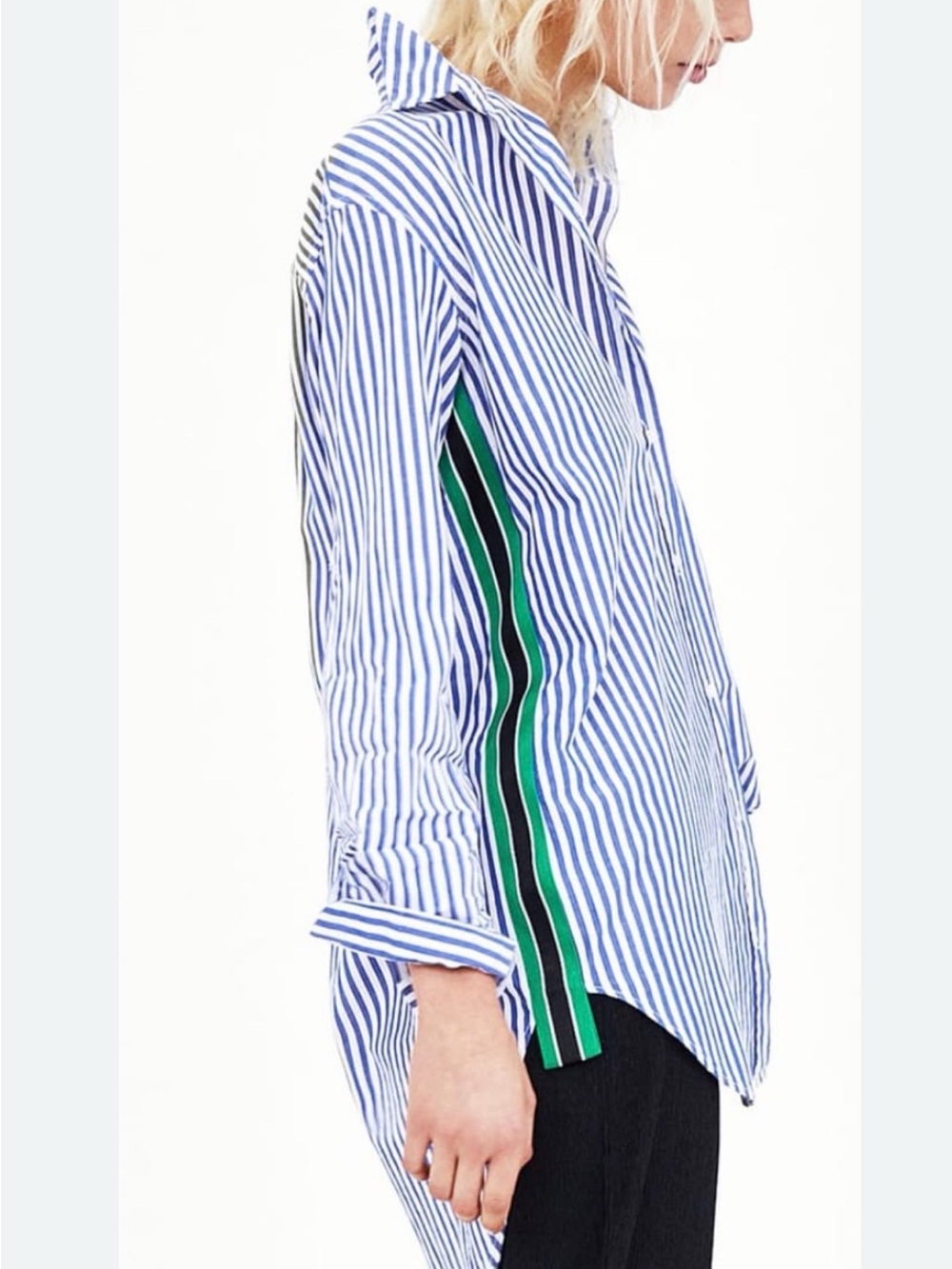 Zara TRF Blue & White Striped Button-Up Shirt with Green Side Stripe XS